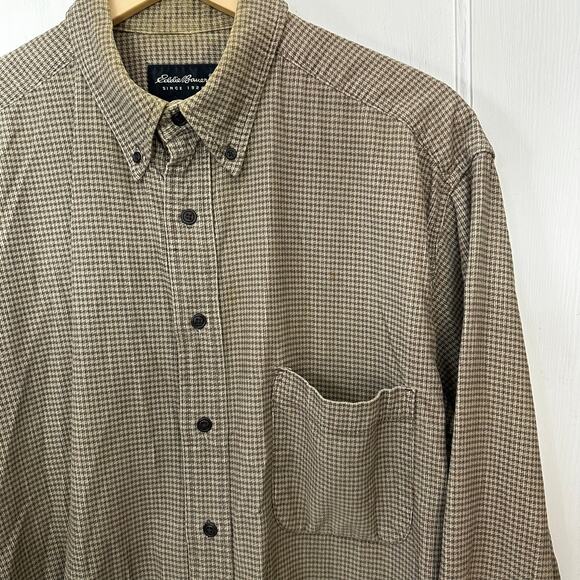 Eddie Bauer Mens Button Down Shirt 100% Cotton Tall Large Green Cream Check B&T - Picture 2 of 8